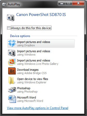 Dropbox: Fotos von Kamera importieren