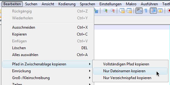 Notepad++: Dateiname oder -pfad kopieren