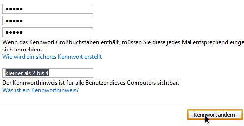 Systemsteuerung: Kennworthinweis für das Benutzerkonto hinterlegen